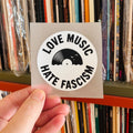 Premium DTF Transfer - Love Music - Hate Fascism - Schallplatte  – Hochwertiger Textilprint zum Aufbügeln / Bügelbild