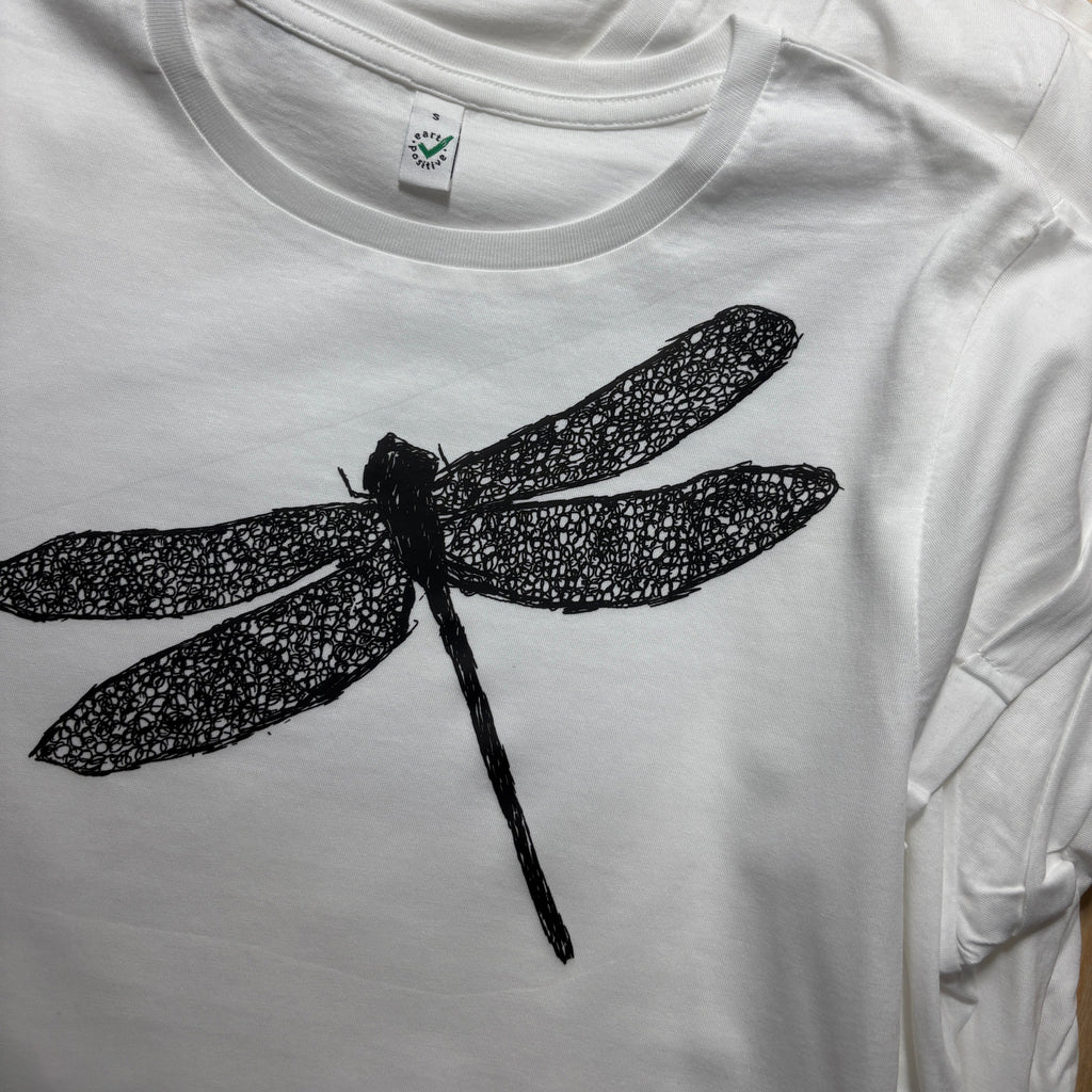 Bio T-Shirt Libelle Damen – handbedruckt & nachhaltig, Weiß