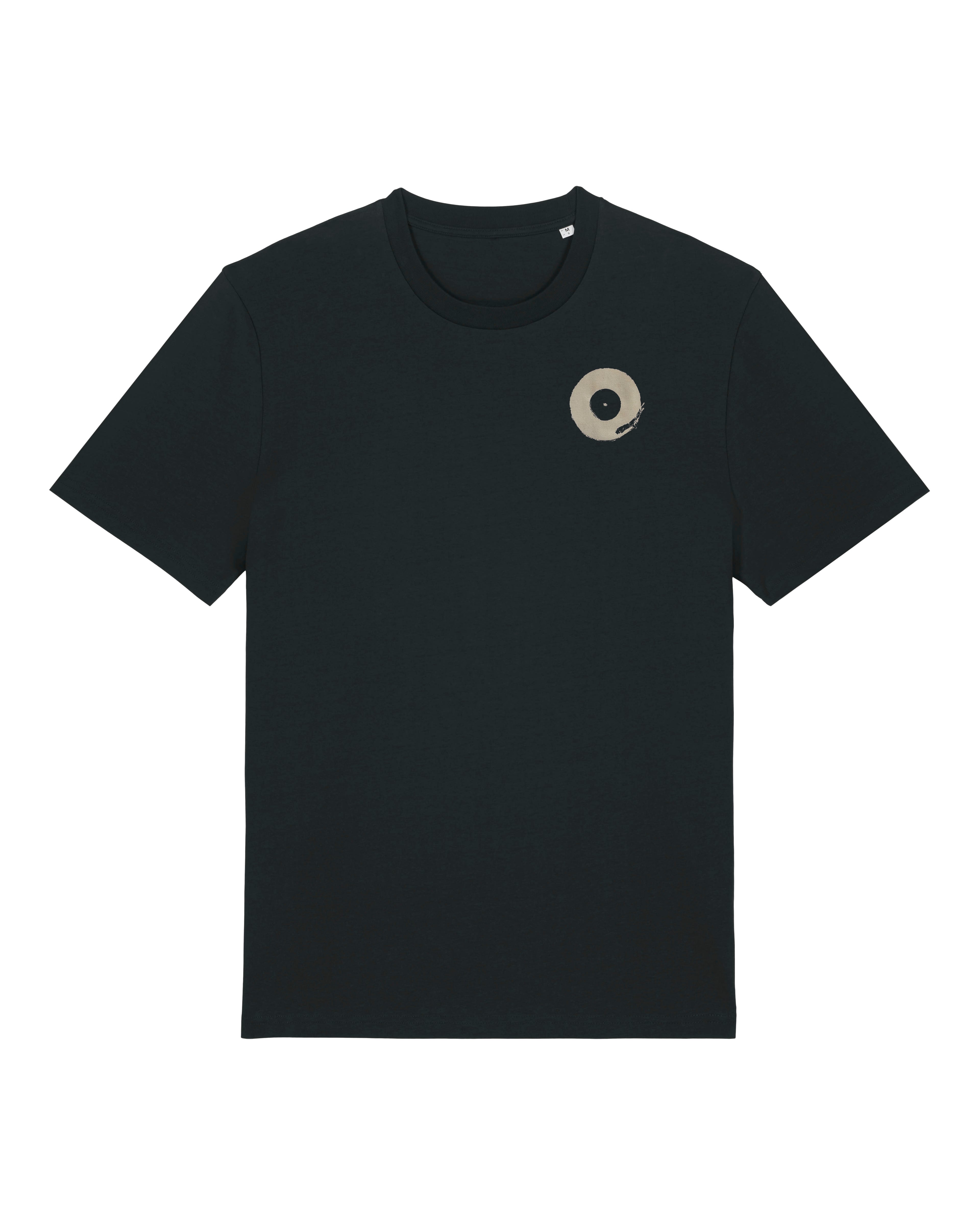 Plattenspieler T-Shirt – Bio Baumwolle, handbedruckt, schwarz, mit Front- & Rückenprint