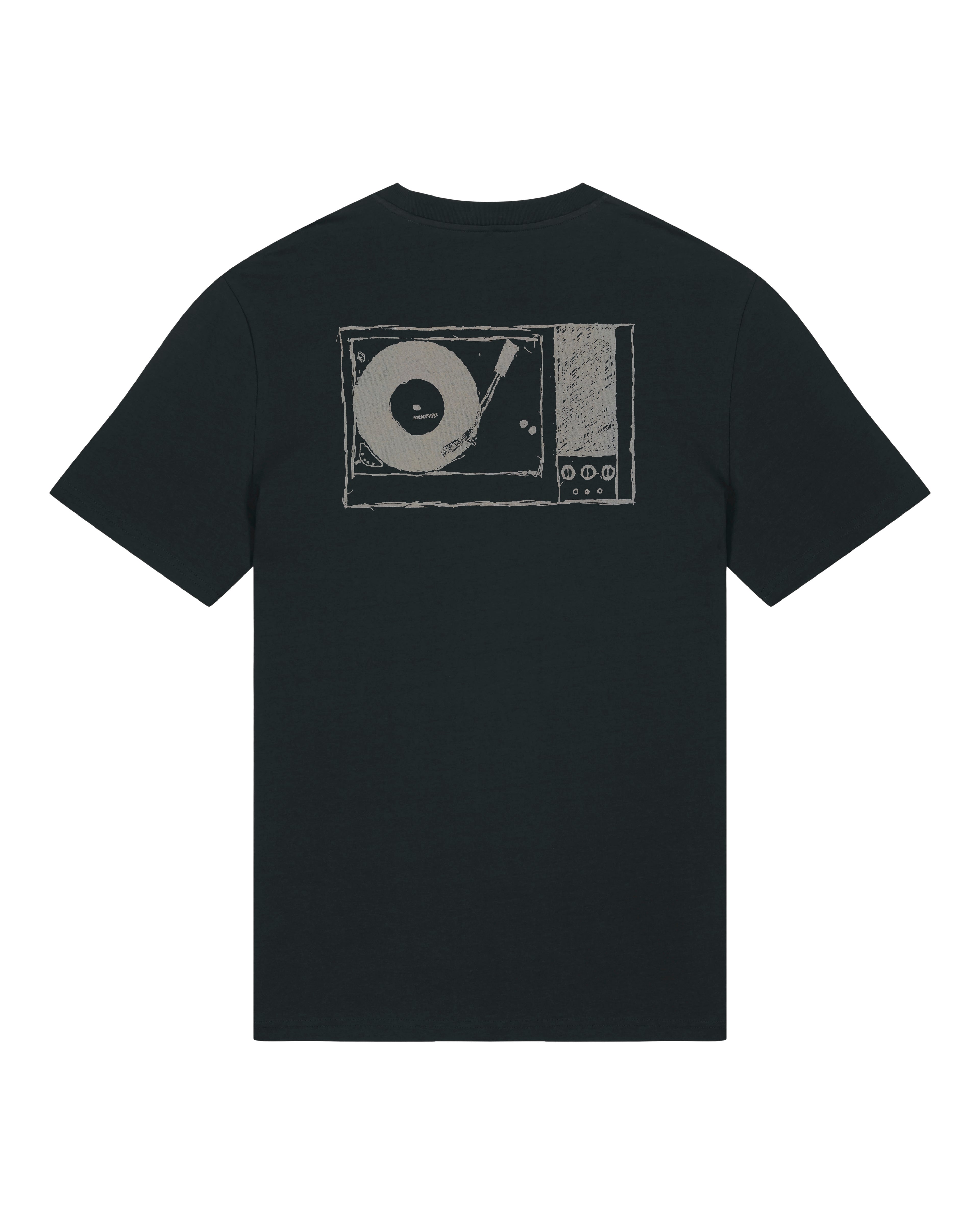 Plattenspieler T-Shirt – Bio Baumwolle, handbedruckt, schwarz, mit Front- & Rückenprint