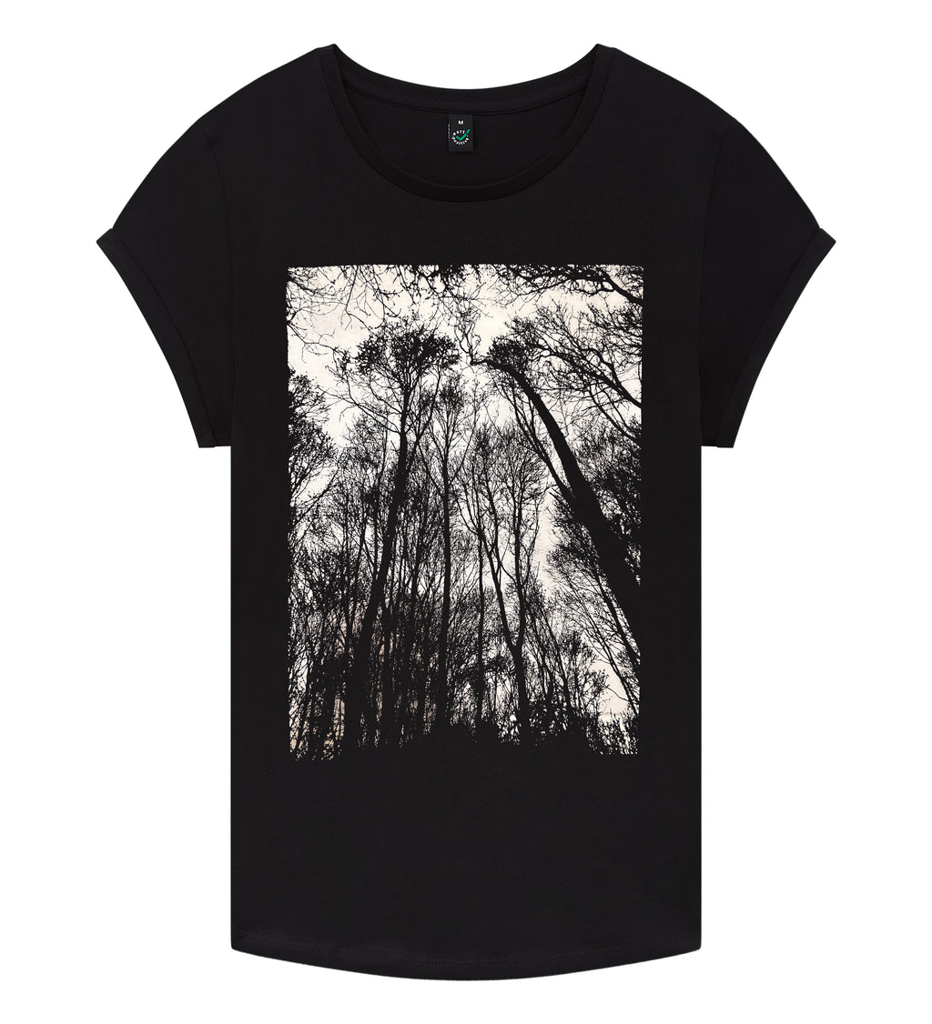 Forest Rolled Sleeve Women T-Shirt - Black
