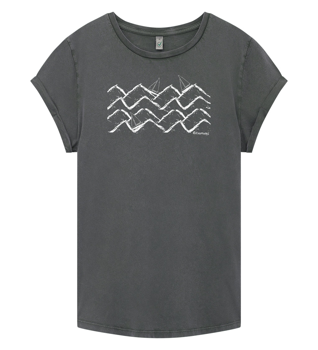 Waves and Boats Rolled Sleeve Women T-Shirt - Washed Grey