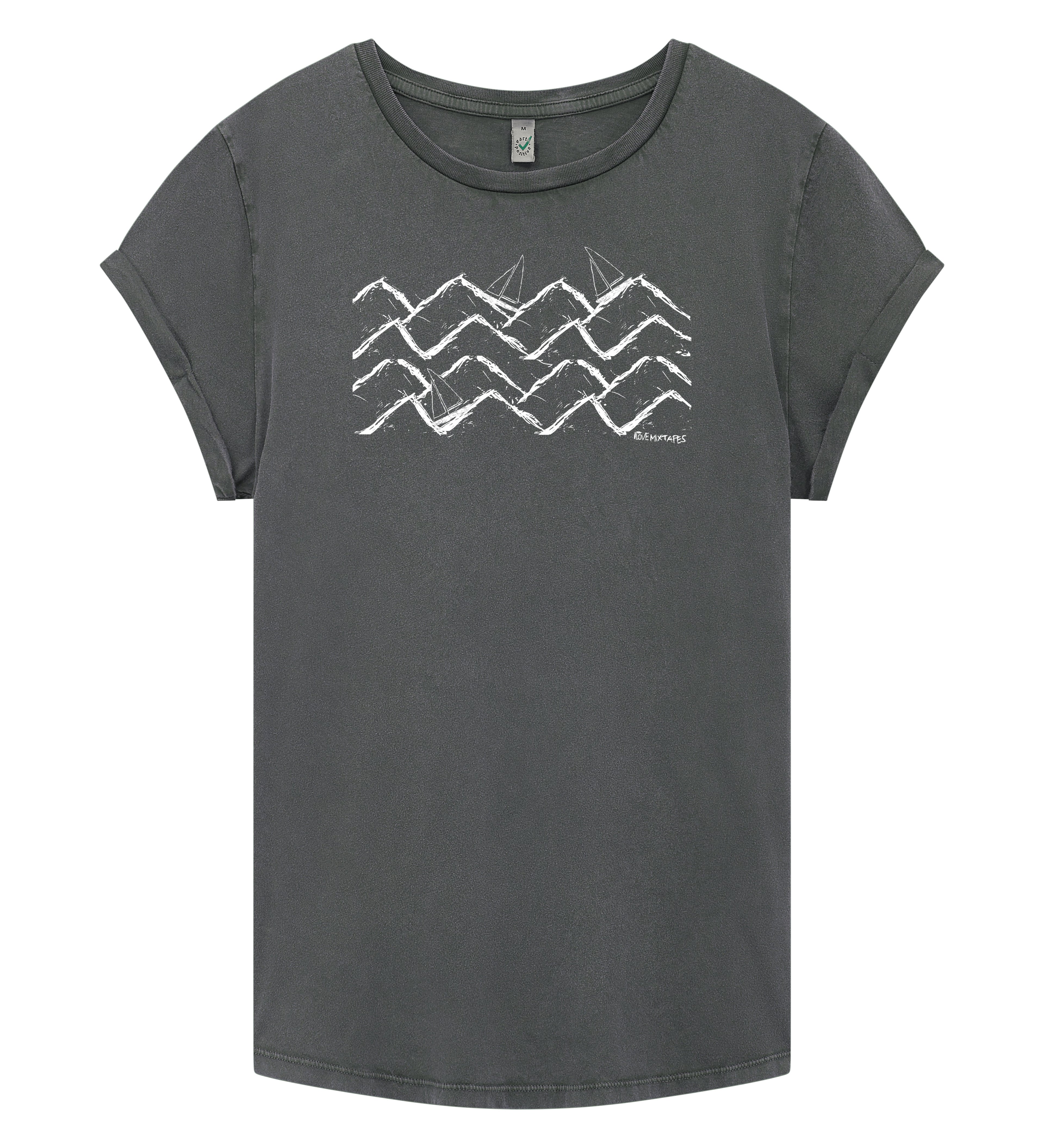 Waves and Boats Rolled Sleeve Women T-Shirt - Washed Grey