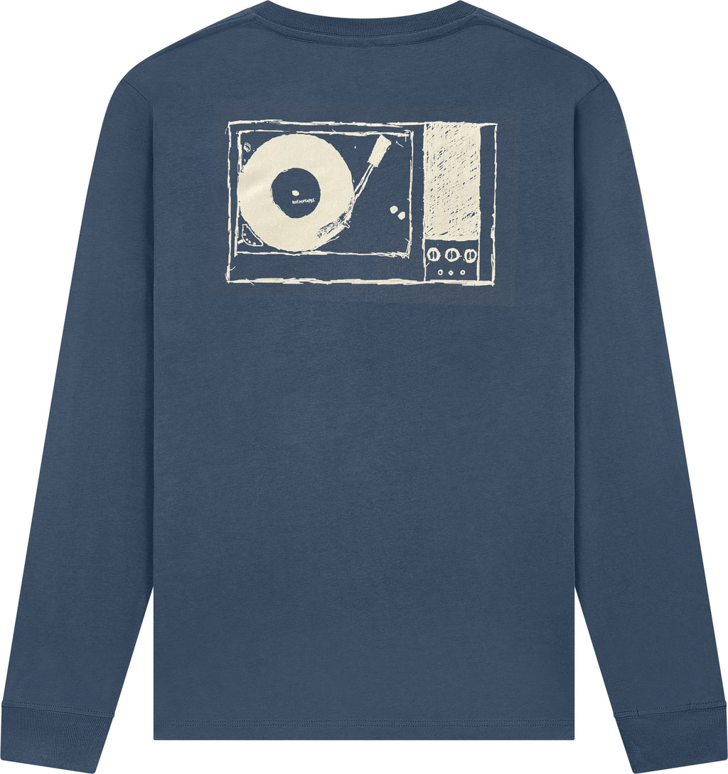 Plattenspieler Longsleeve – Faded Navy, Siebdruck, beidseitig bedruckt
