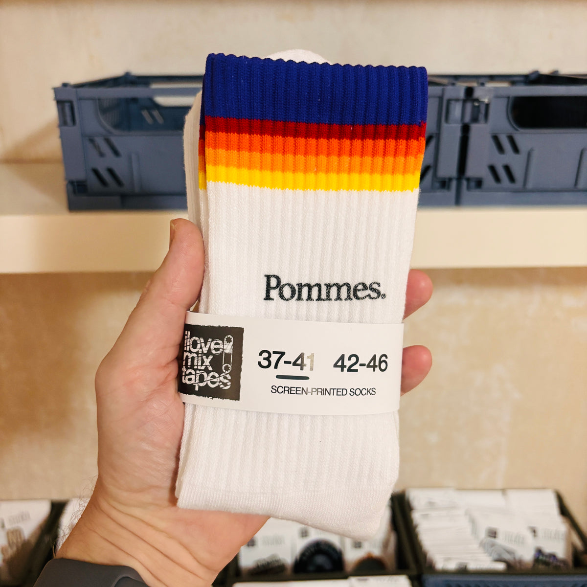 Socken Pommes | Handbedruckte Siebdruck Socken | White Rainbow | Unisex