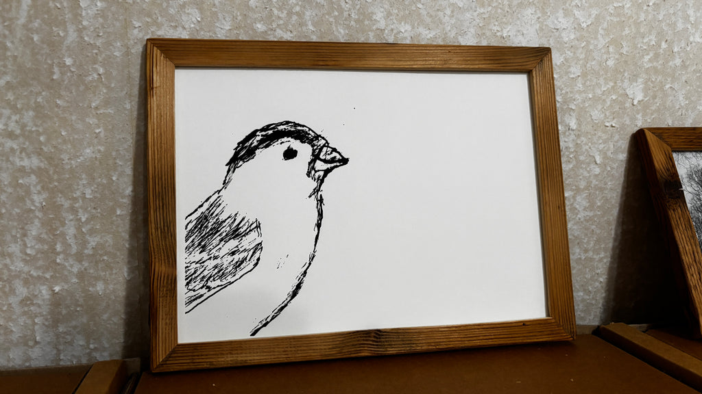 Handgefertigter Siebdruck – Spatz in der Ecke (DIN A4)