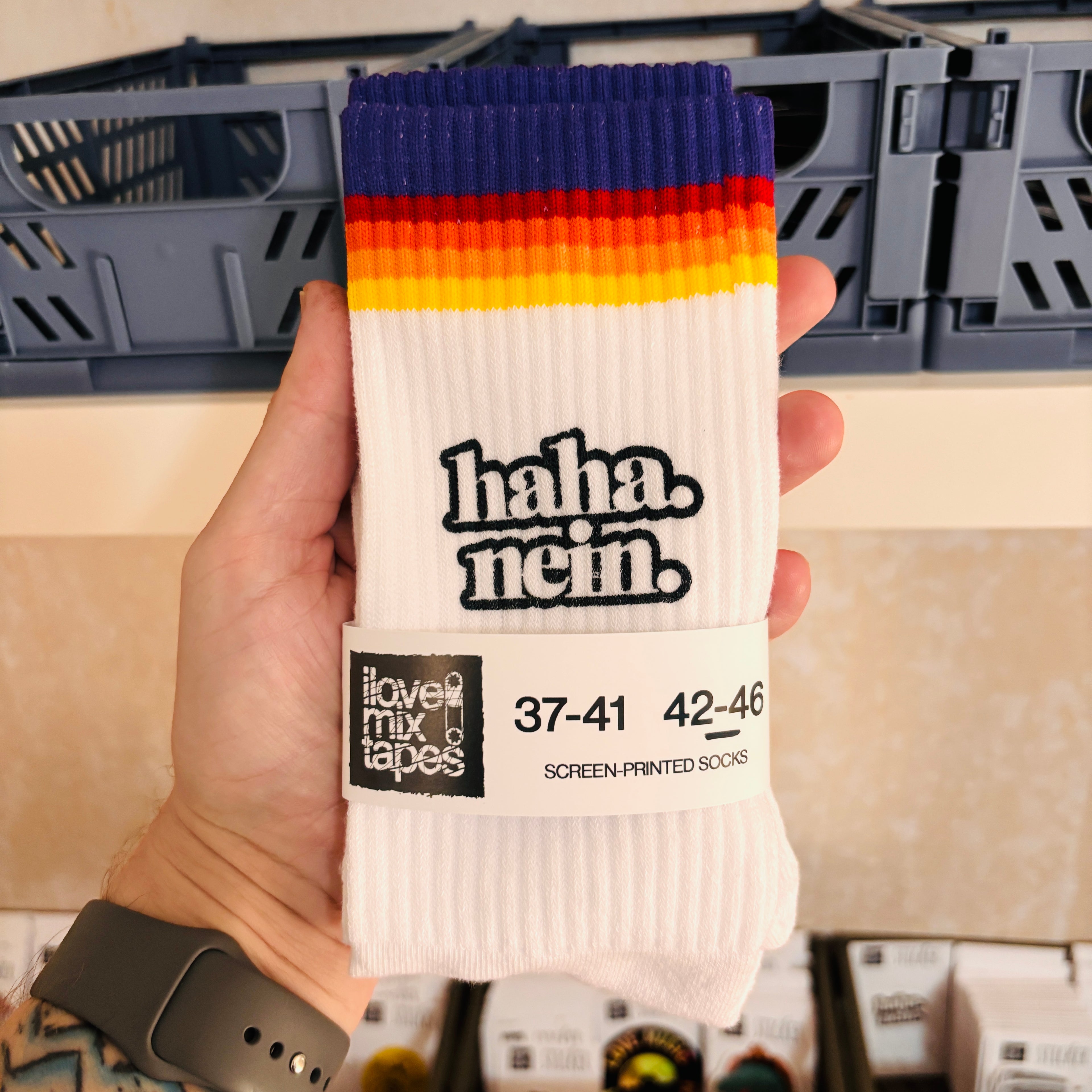 „Haha. Nein.“ Socken – handbedruckt in Frankfurt | Unisex