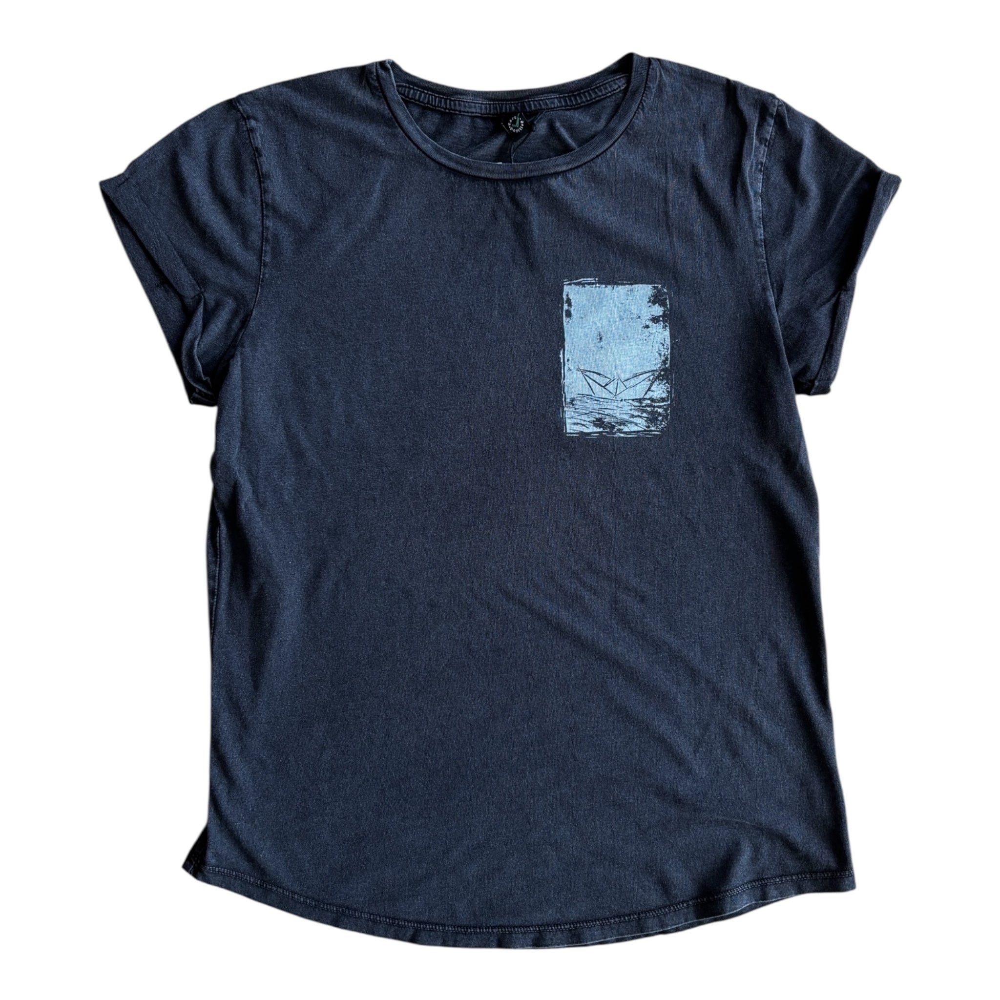Linol Paperboat Rolled Sleeve Damen T-Shirt - Stone Washed Black