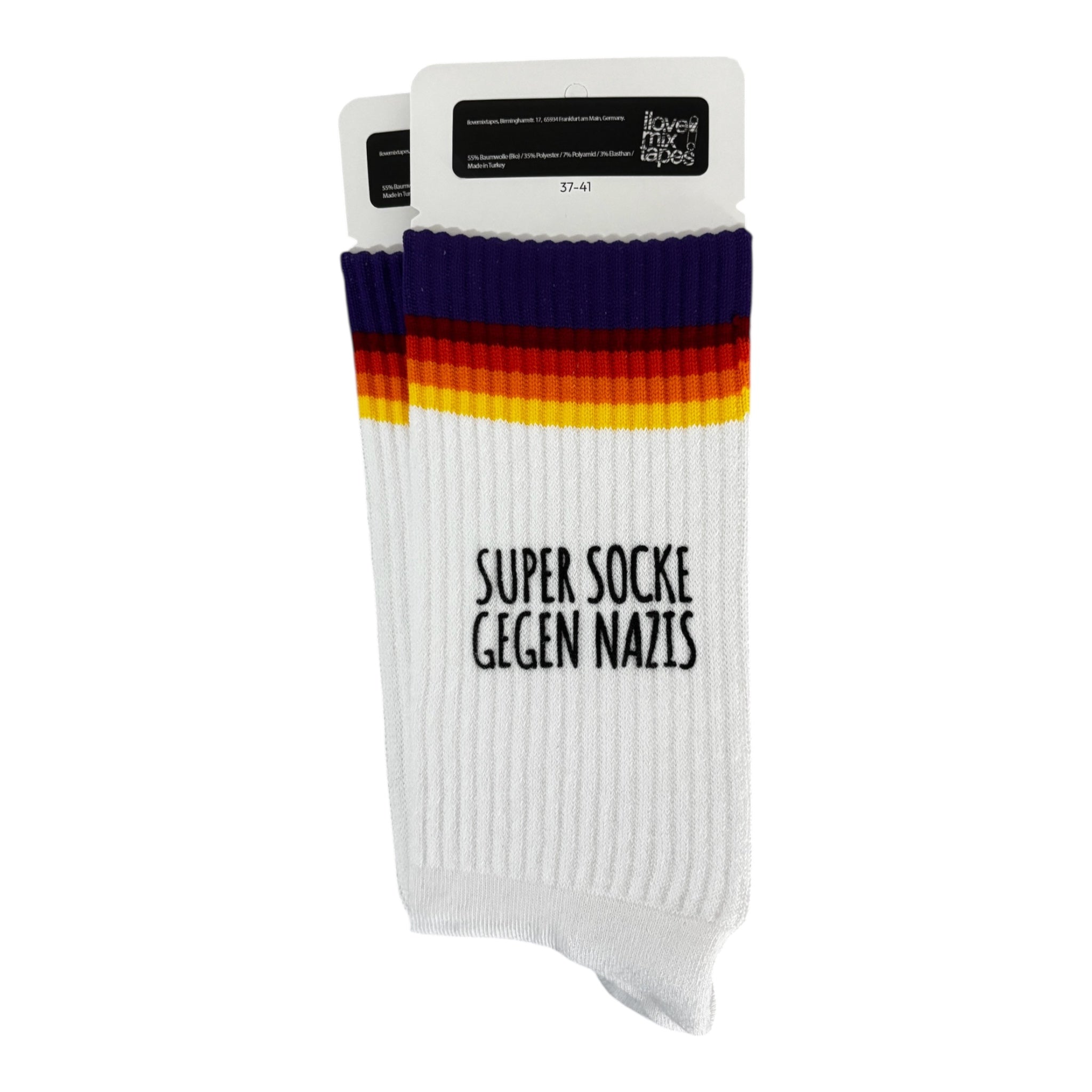 Handbedruckte „Super Socken gegen Nazis“ Socken – fair, bio & mit Liebe im Atelier gefertigt Unisex