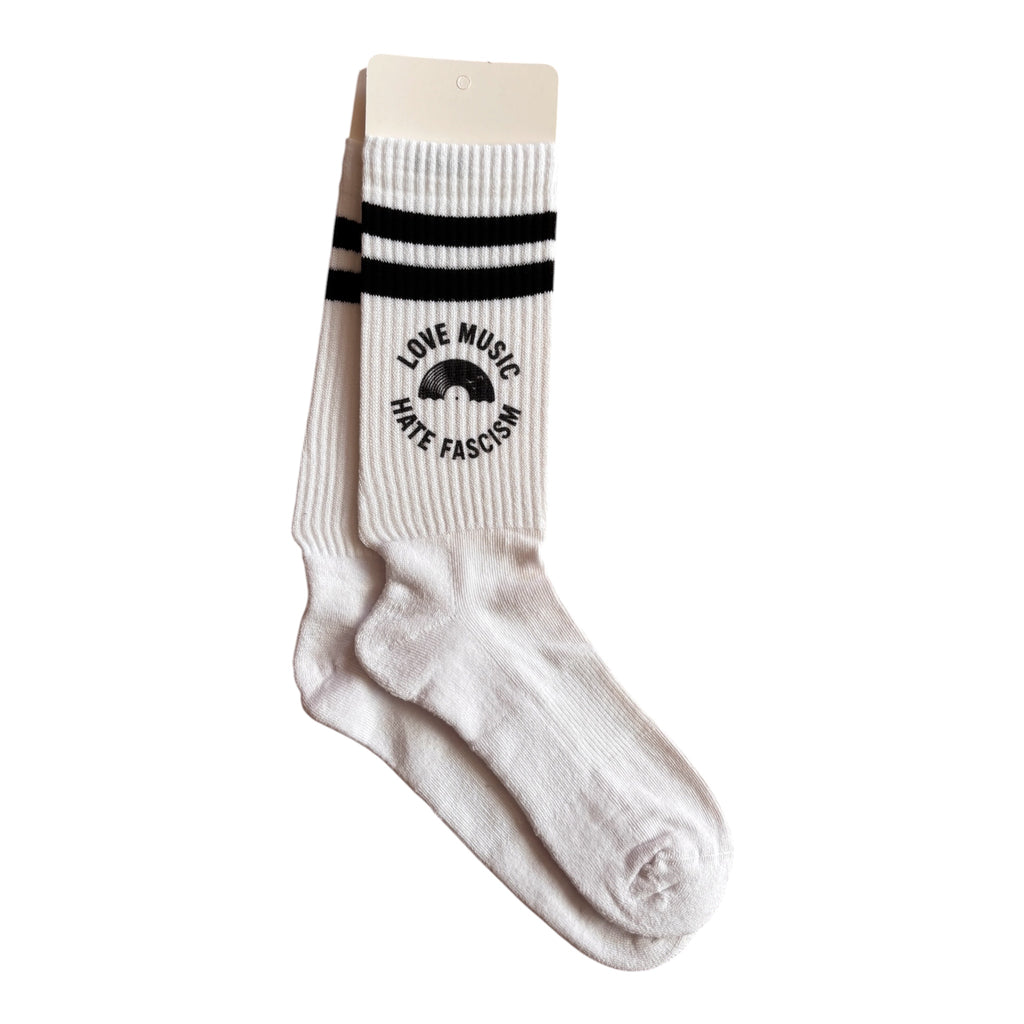 Handbedruckte „Love Music Hate Fascism - Vinyl“ Socken – fair, bio & mit Liebe im Atelier gefertigt Unisex