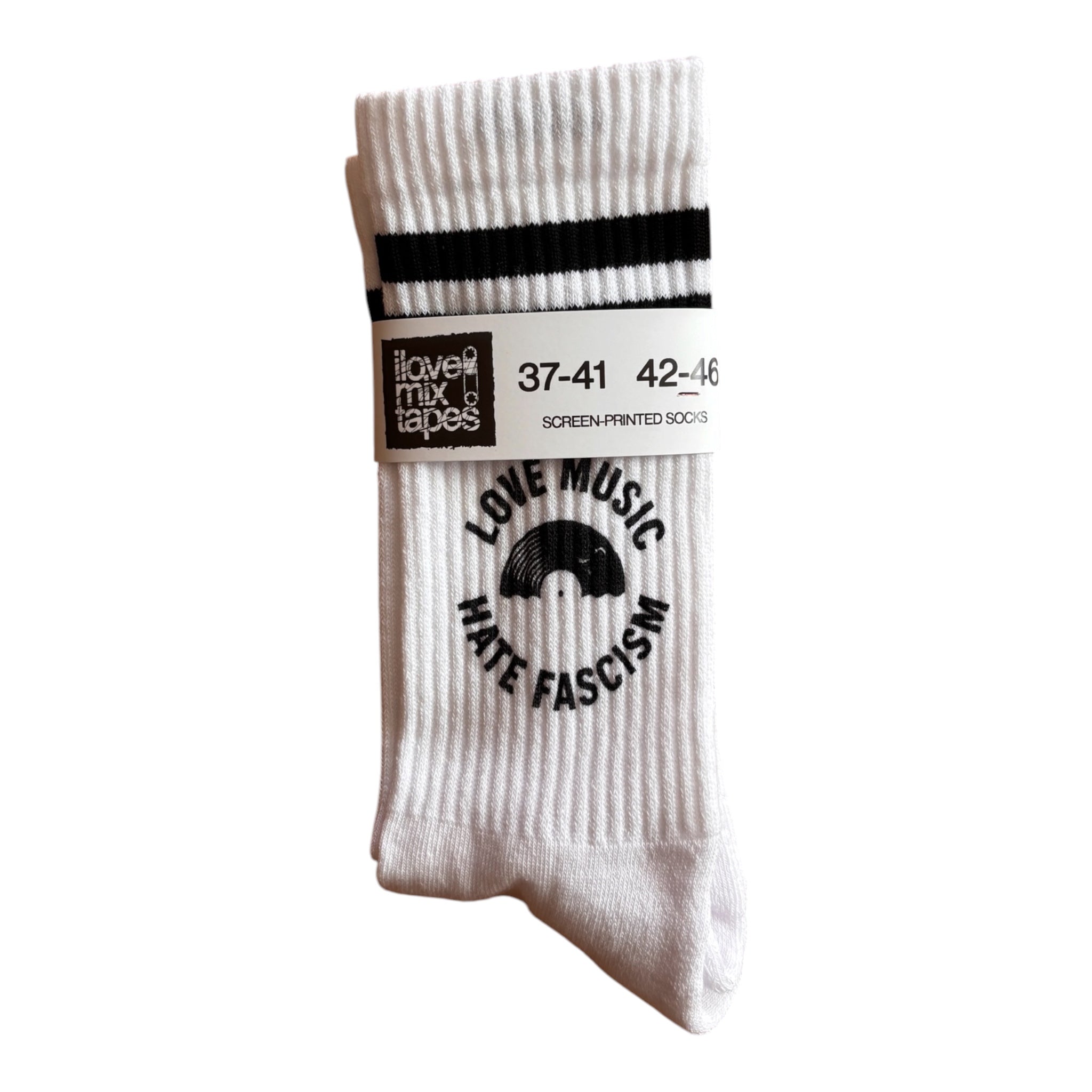 Handbedruckte „Love Music Hate Fascism - Vinyl“ Socken – fair, bio & mit Liebe im Atelier gefertigt Unisex