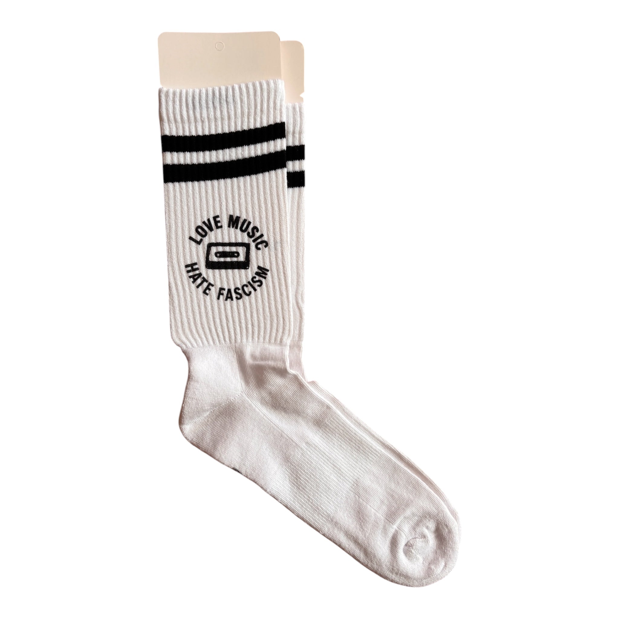 Handbedruckte „Love Music Hate Fascism - Kassette“ Socken – fair, bio & mit Liebe im Atelier gefertigt Unisex