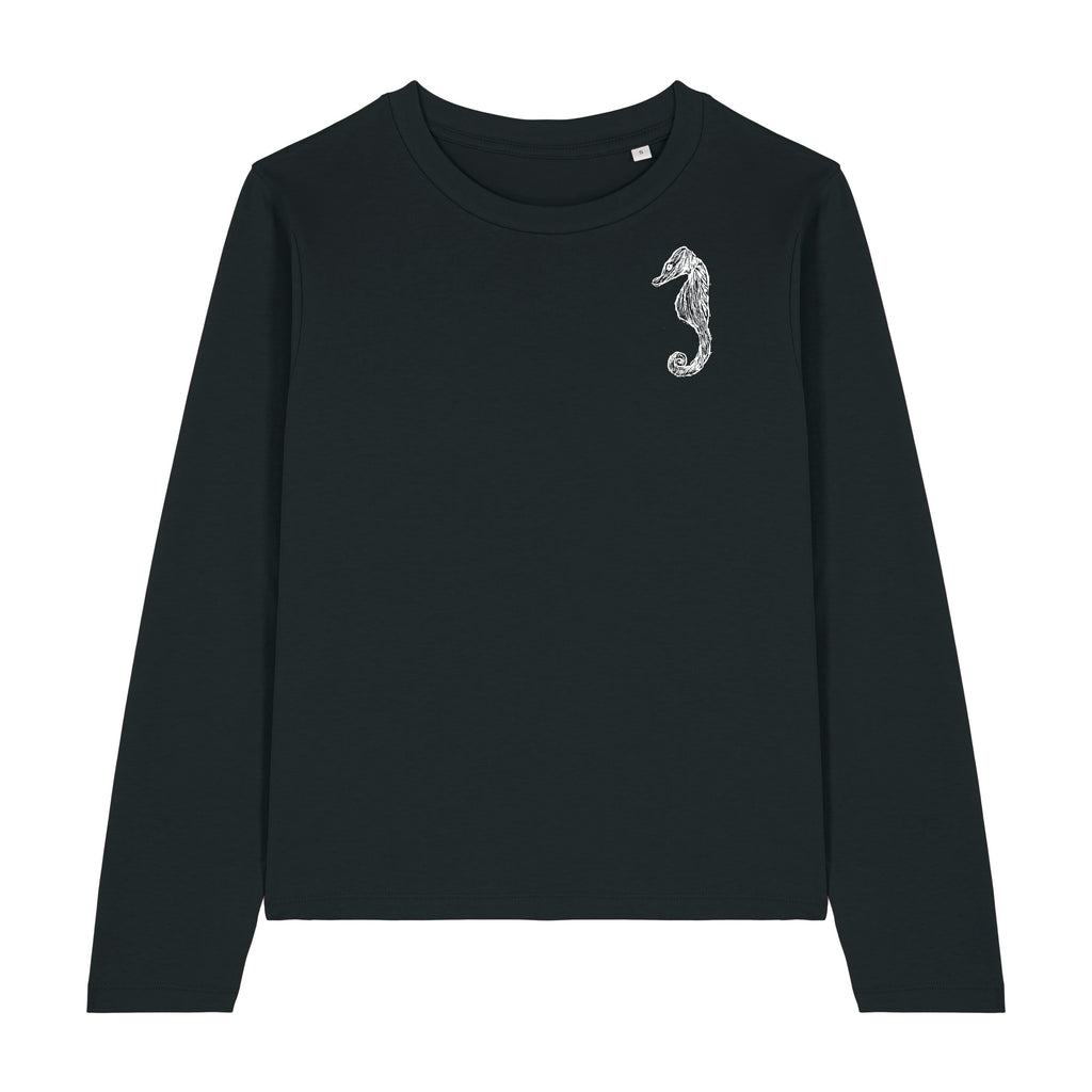 Kleines Seepferdchen Langarm-Damen-T-Shirt  Relaxed Fit - Black