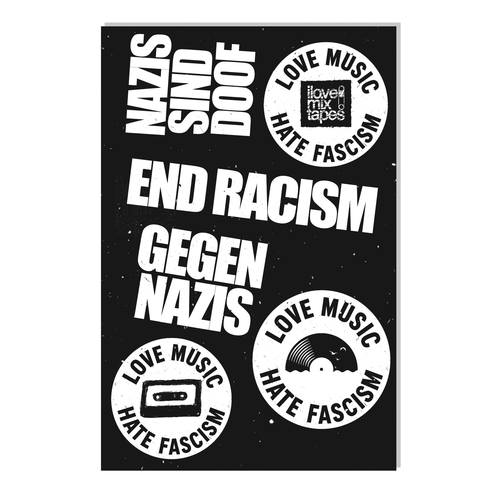 GEGEN RECHTS Sticker-Set „Love Music - Hate Fascism“ – 6 Vinyl Sticker auf Bogen (10 x 15 cm)