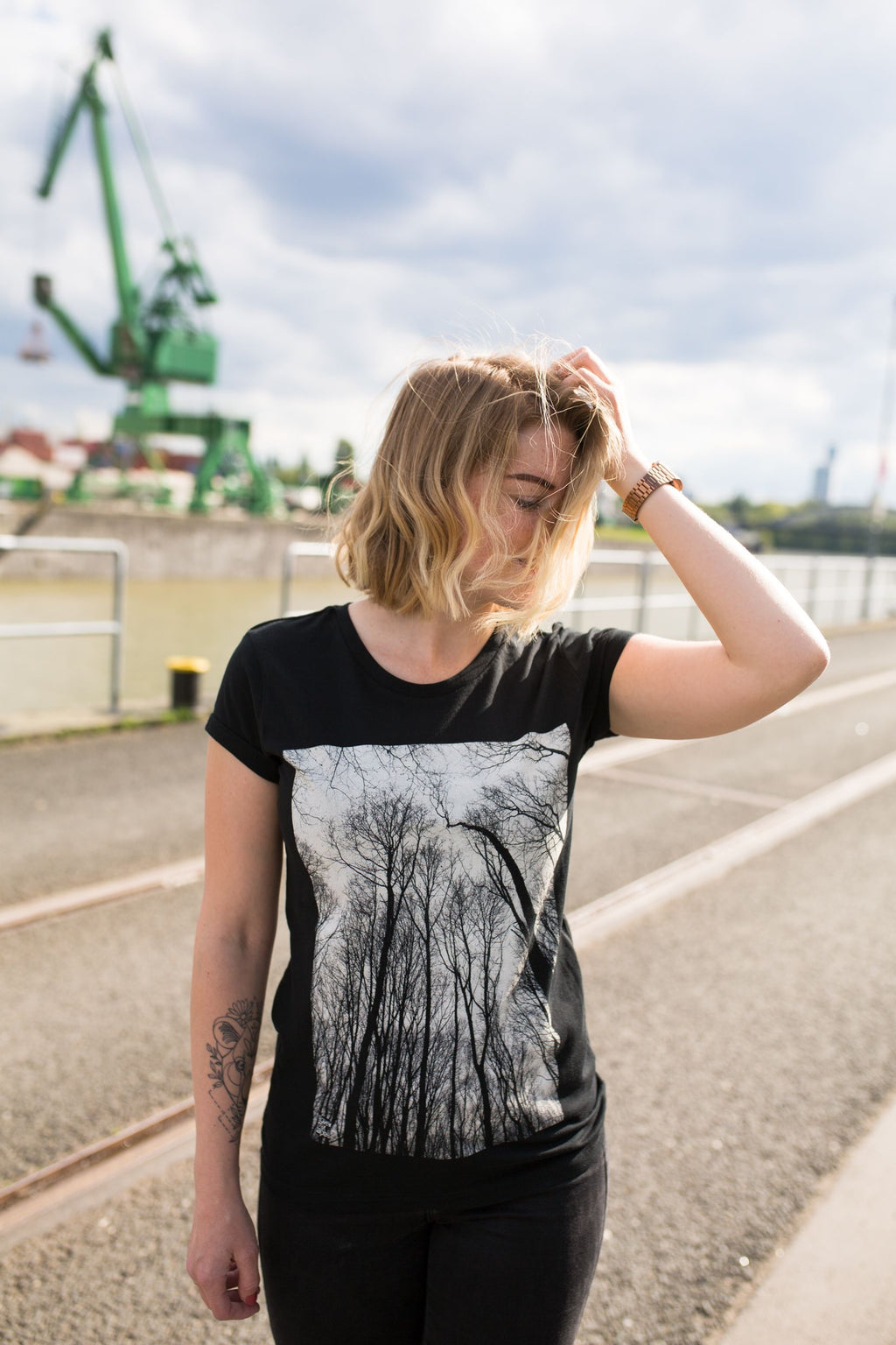 Forest Rolled Sleeve Women T-Shirt - Black