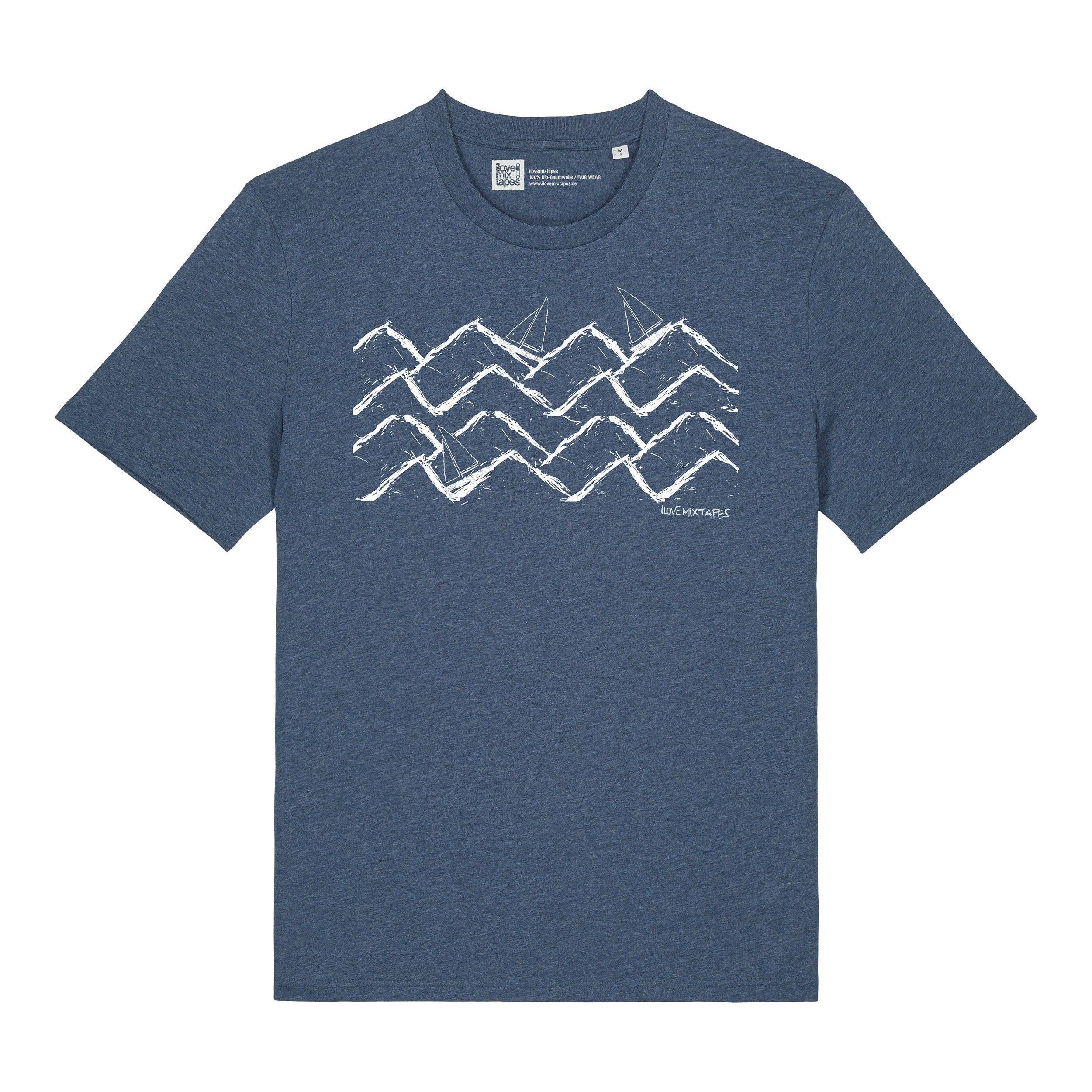 Unisex T-Shirt mit Waves and Boats Motiv - Dark Heather Blue