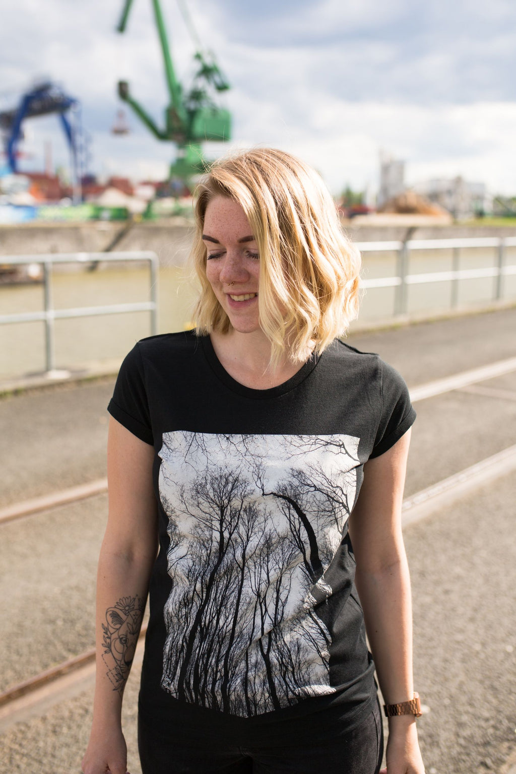 Forest Rolled Sleeve Women T-Shirt - Black
